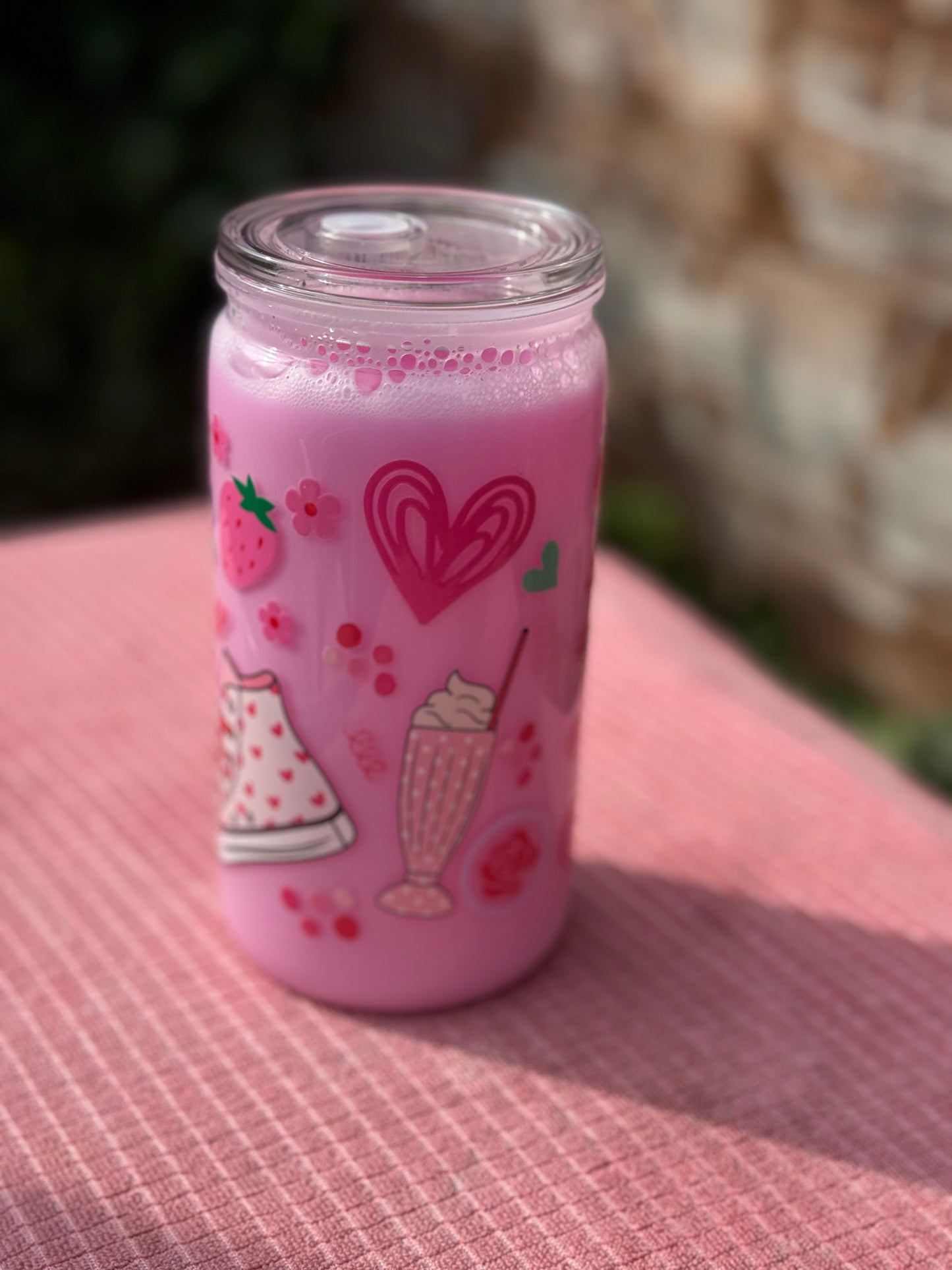Strawberry milk inspired 16oz/473ml tumbler with clear lid and plastic straw