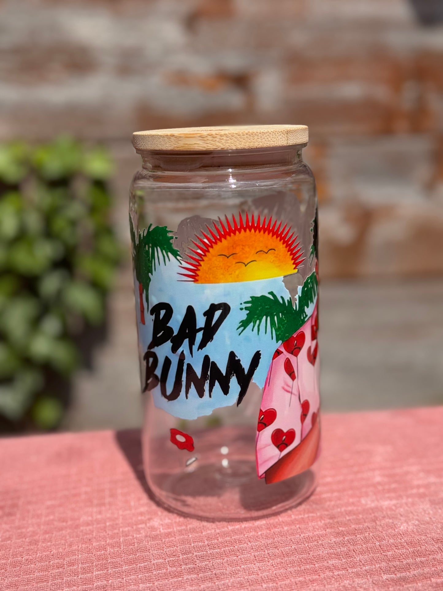 Bad Bunny 16oz/473ml tumbler with bamboo lid and plastic straw