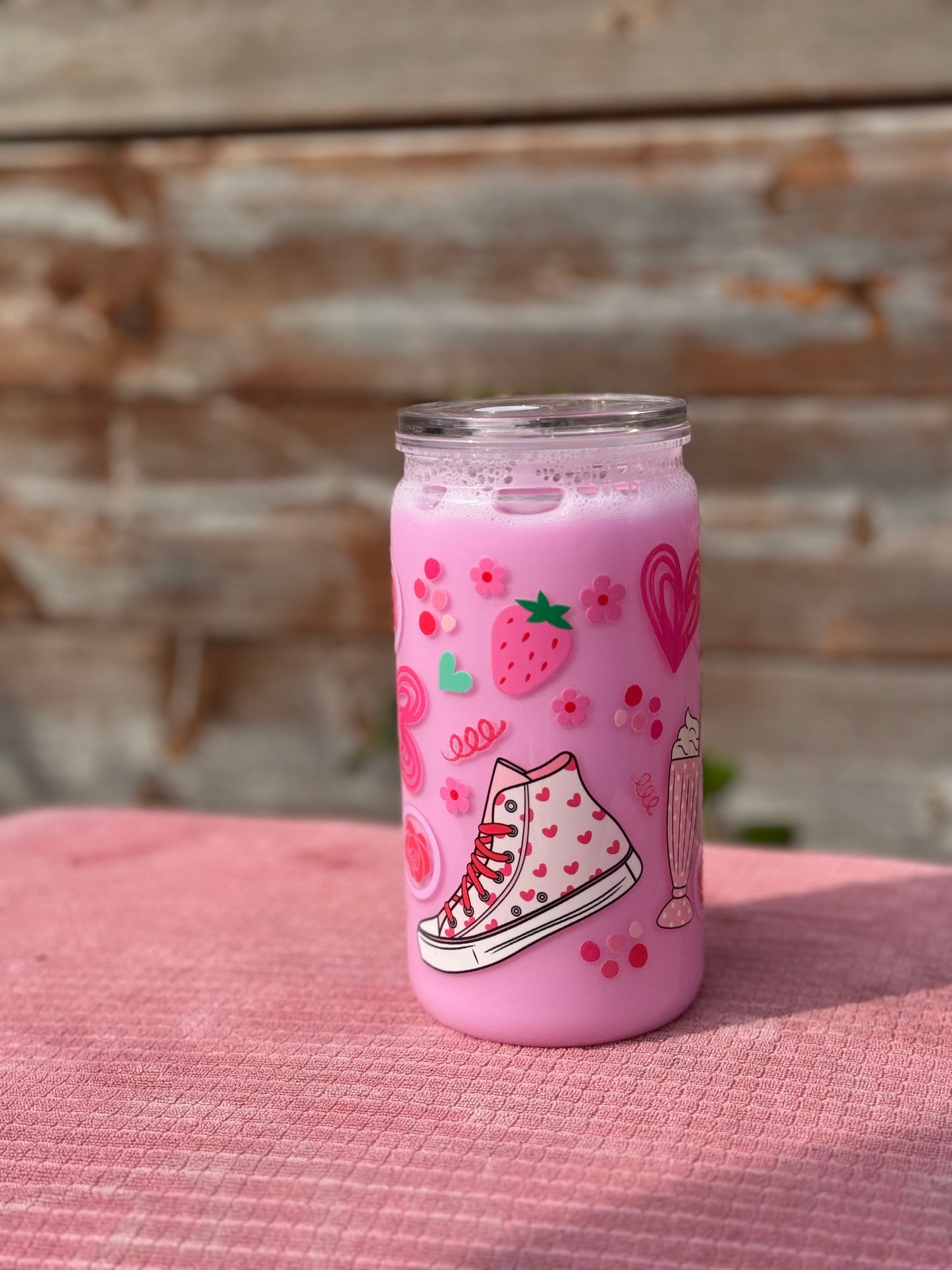 Strawberry milk inspired 16oz/473ml tumbler with clear lid and plastic straw