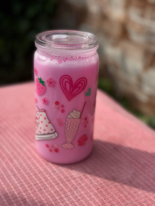 Strawberry milk inspired 16oz/473ml tumbler with clear lid and plastic straw