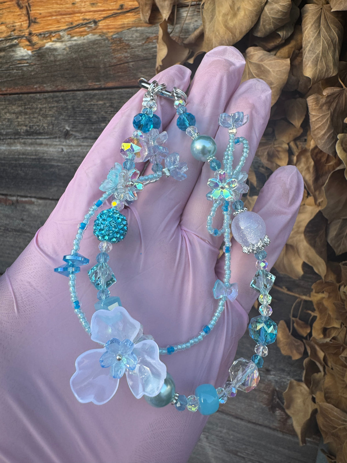 Blue Beaded Flower Bag Charm