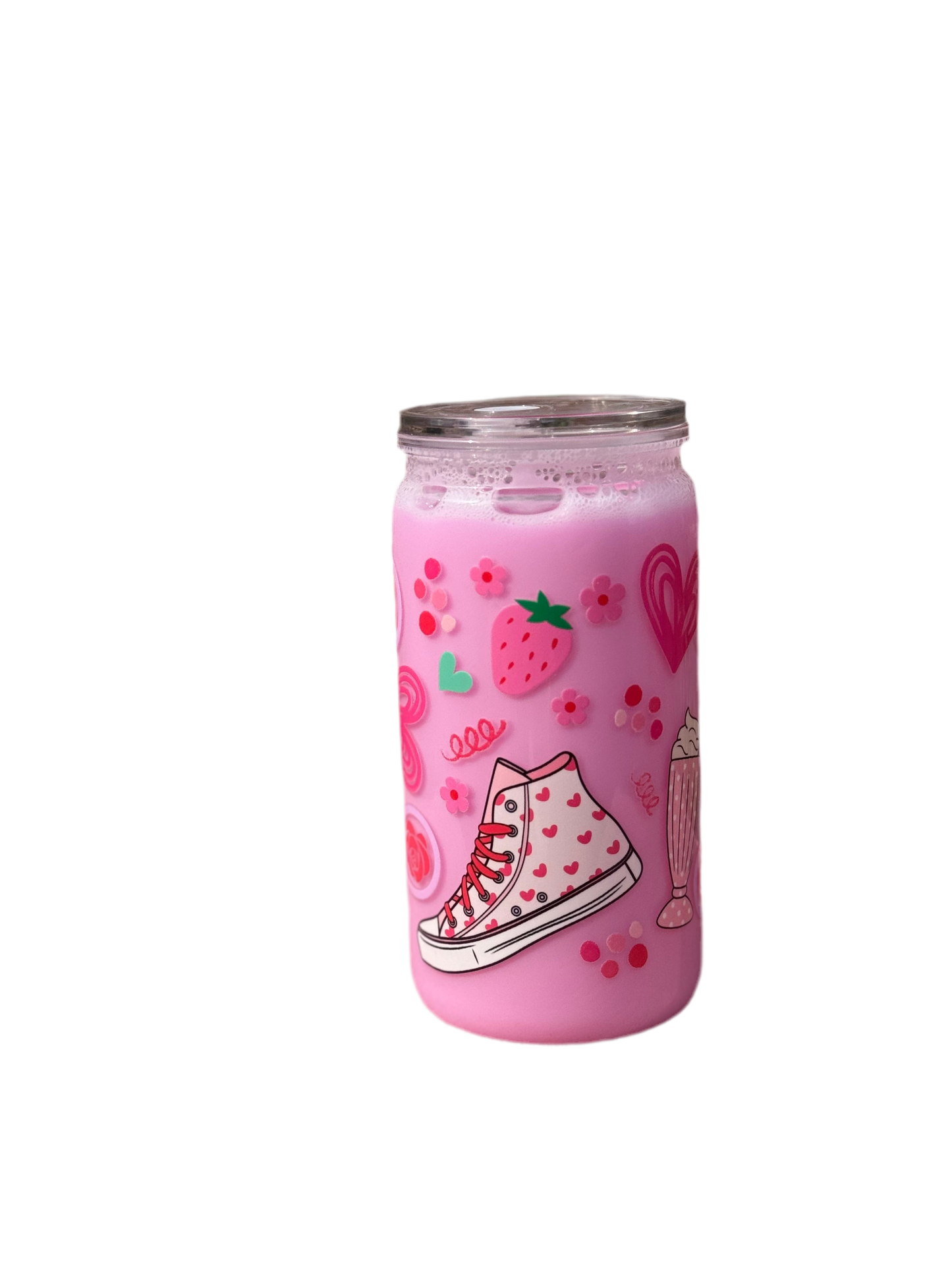 Strawberry milk inspired 16oz/473ml tumbler with clear lid and plastic straw