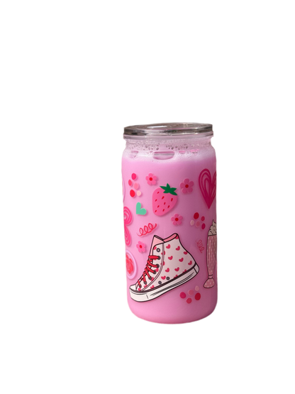 Strawberry milk inspired 16oz/473ml tumbler with clear lid and plastic straw