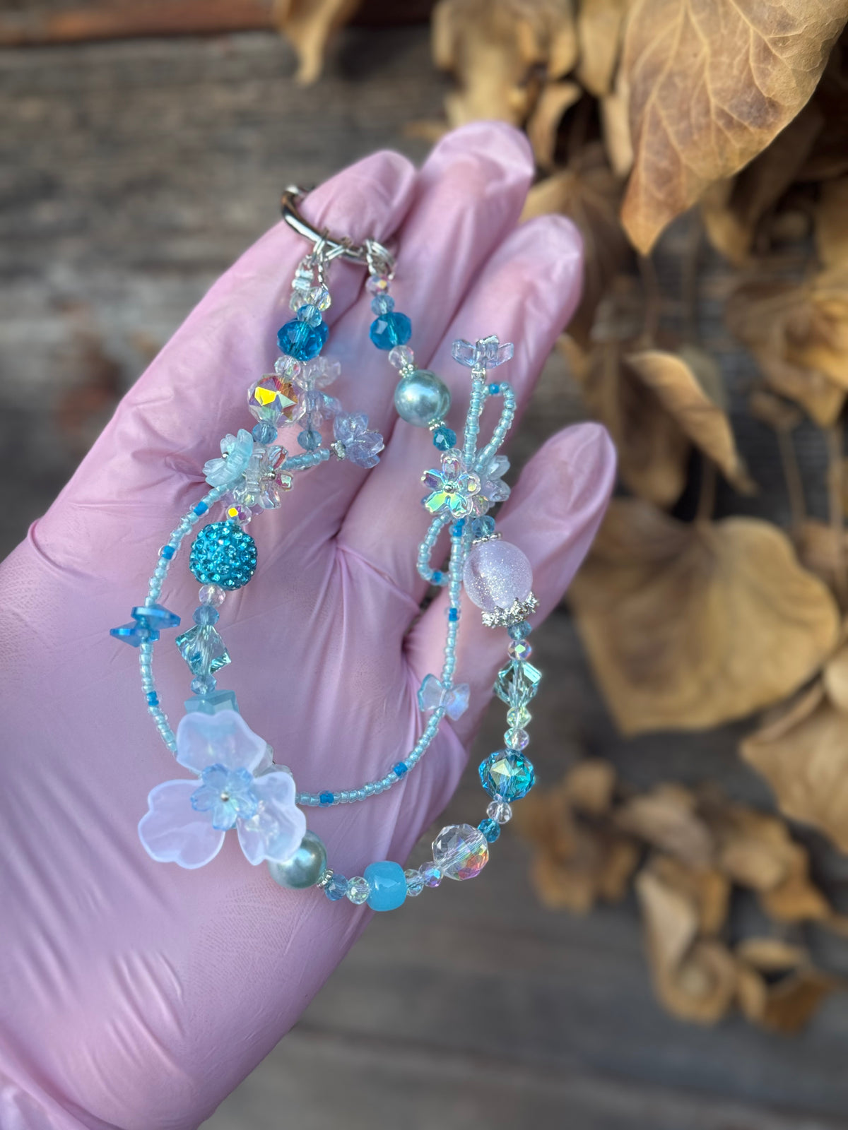 Blue Beaded Flower Bag Charm