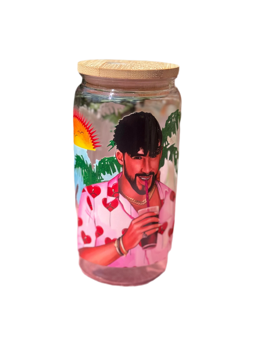 Bad Bunny 16oz/473ml  tumbler with bamboo lid and plastic straw