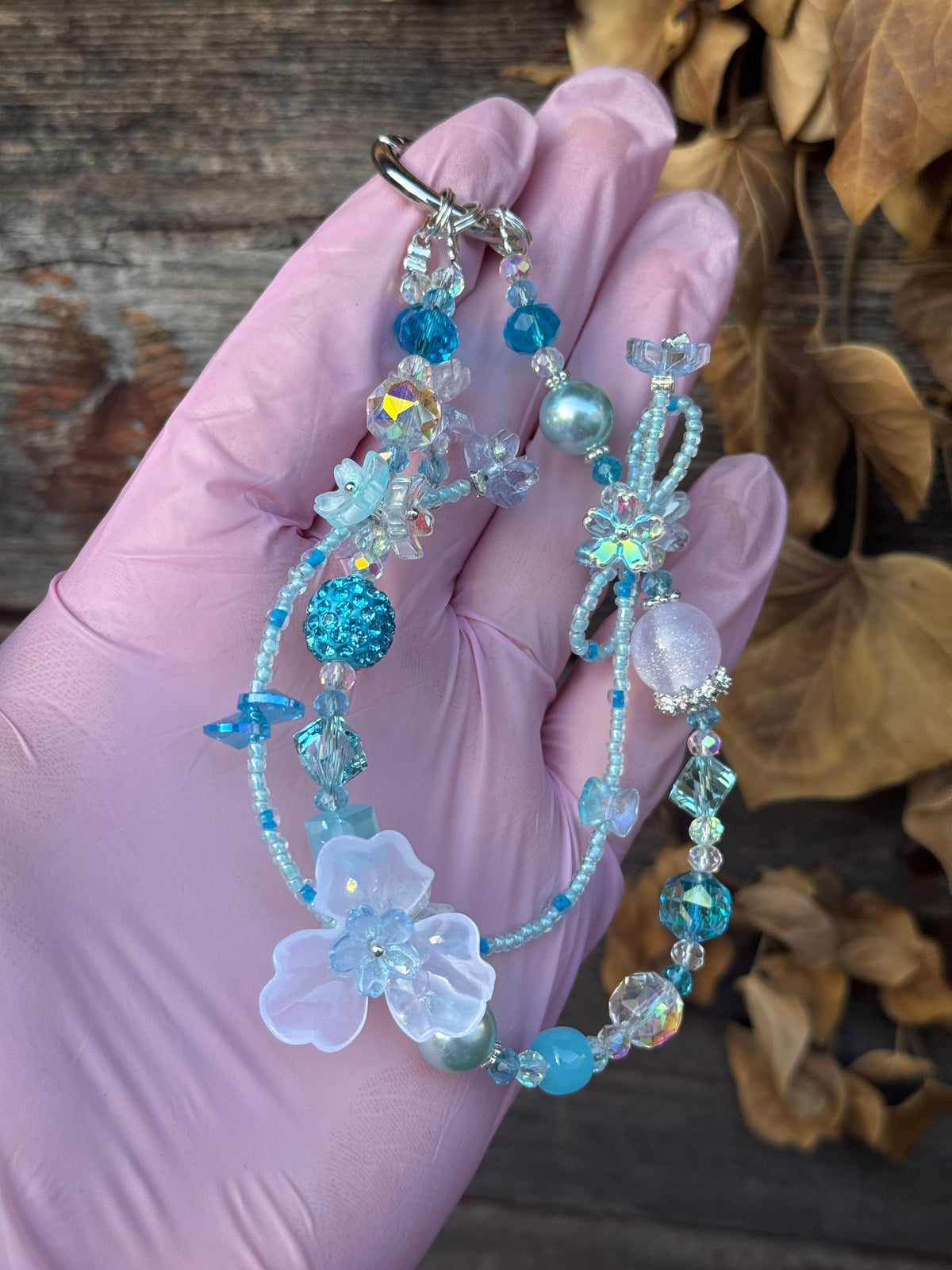 Blue Beaded Flower Bag Charm