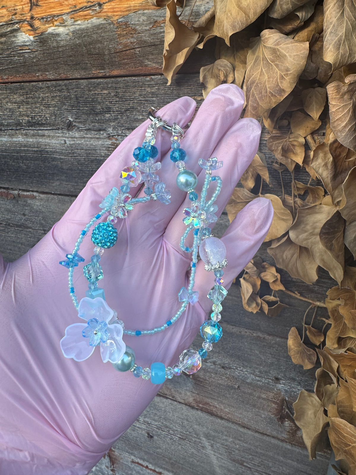 Blue Beaded Flower Bag Charm