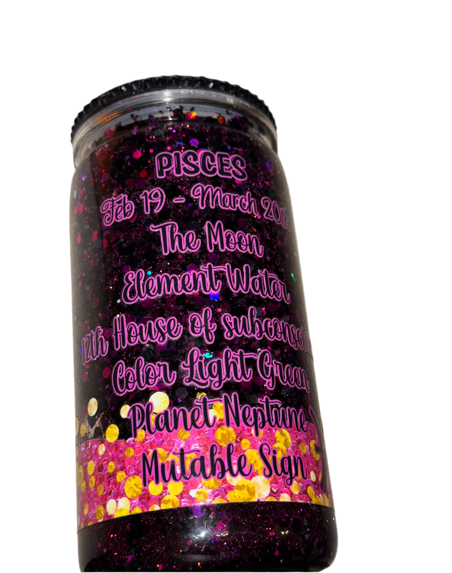 Pisces 16 oz / 473 ml Snow Globe Tumbler Gold & Purple Glitter with Black Rhinestone Lid