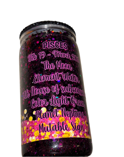 Pisces 16 oz / 473 ml Snow Globe Tumbler Gold & Purple Glitter with Black Rhinestone Lid