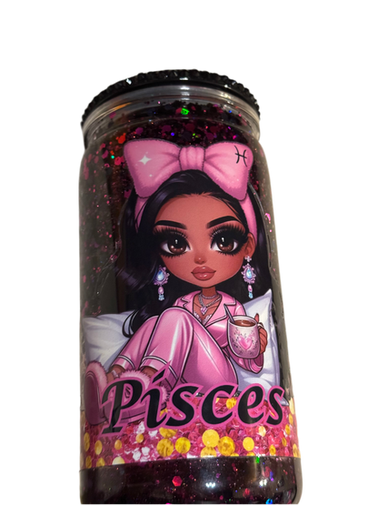 Pisces 16 oz / 473 ml Snow Globe Tumbler Gold & Purple Glitter with Black Rhinestone Lid