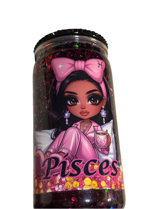 Pisces 16 oz / 473 ml Snow Globe Tumbler Gold & Purple Glitter with Black Rhinestone Lid
