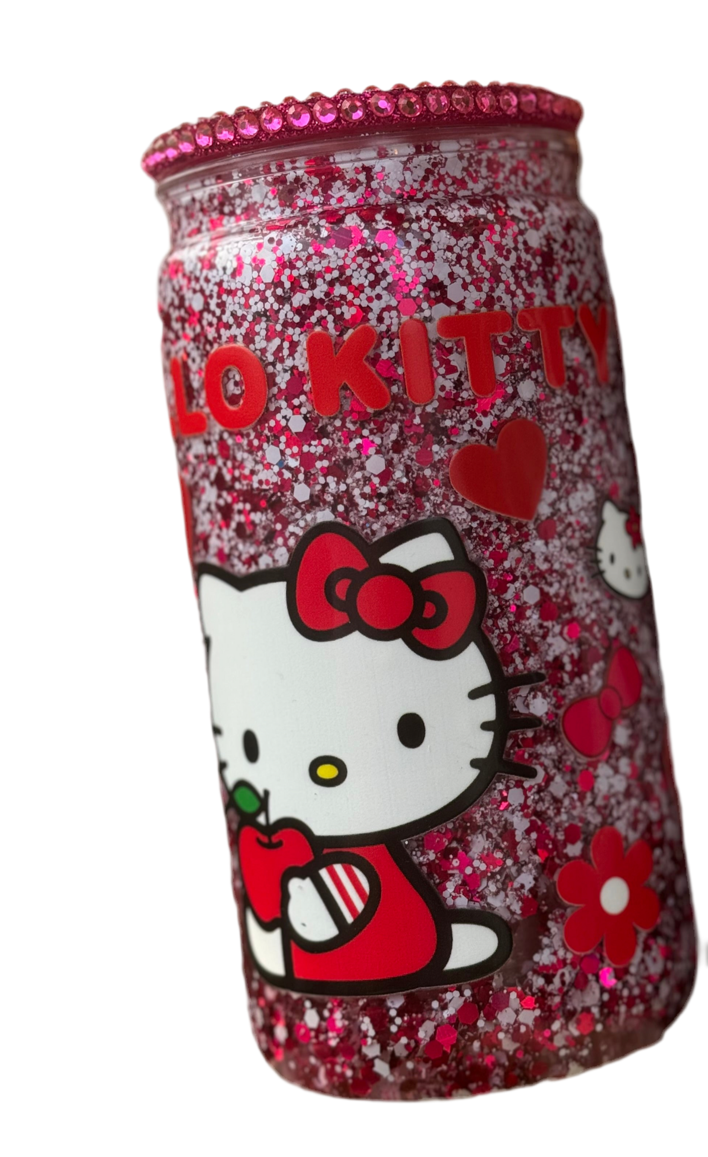 ❤️ Hello Kitty Red Glitter Snow Globe Tumbler Rhinestone Lid 473ml