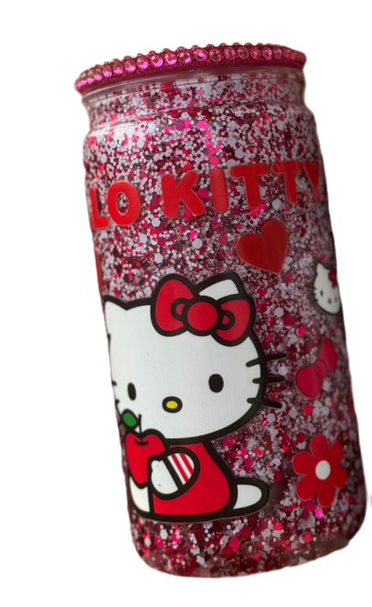 ❤️ Hello Kitty Red Glitter Snow Globe Tumbler Rhinestone Lid 473ml