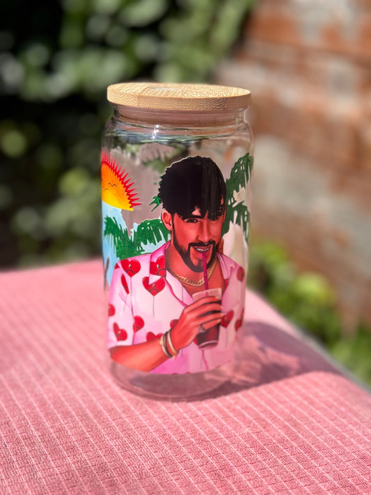 Bad Bunny 16oz/473ml  tumbler with bamboo lid and plastic straw