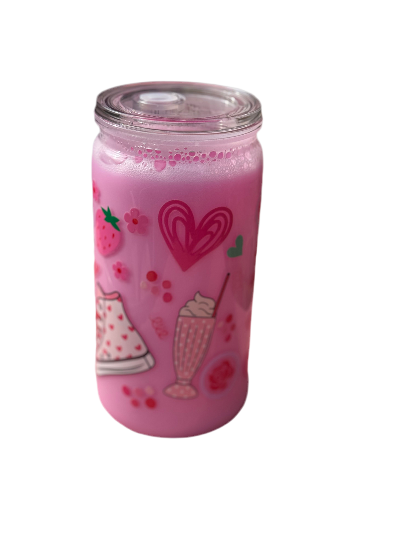 Strawberry milk inspired 16oz/473ml tumbler with clear lid and plastic straw
