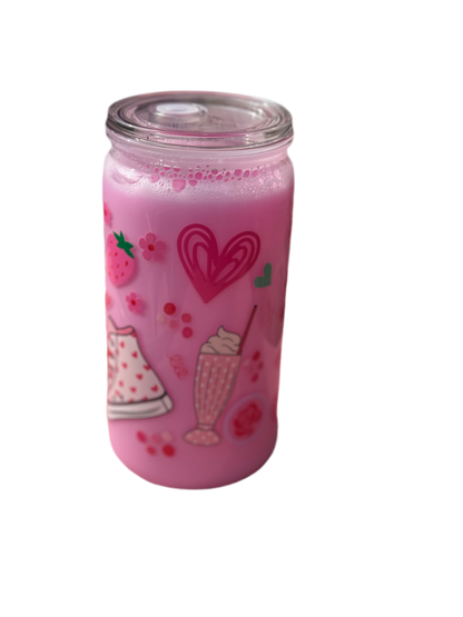 Strawberry milk inspired 16oz/473ml tumbler with clear lid and plastic straw