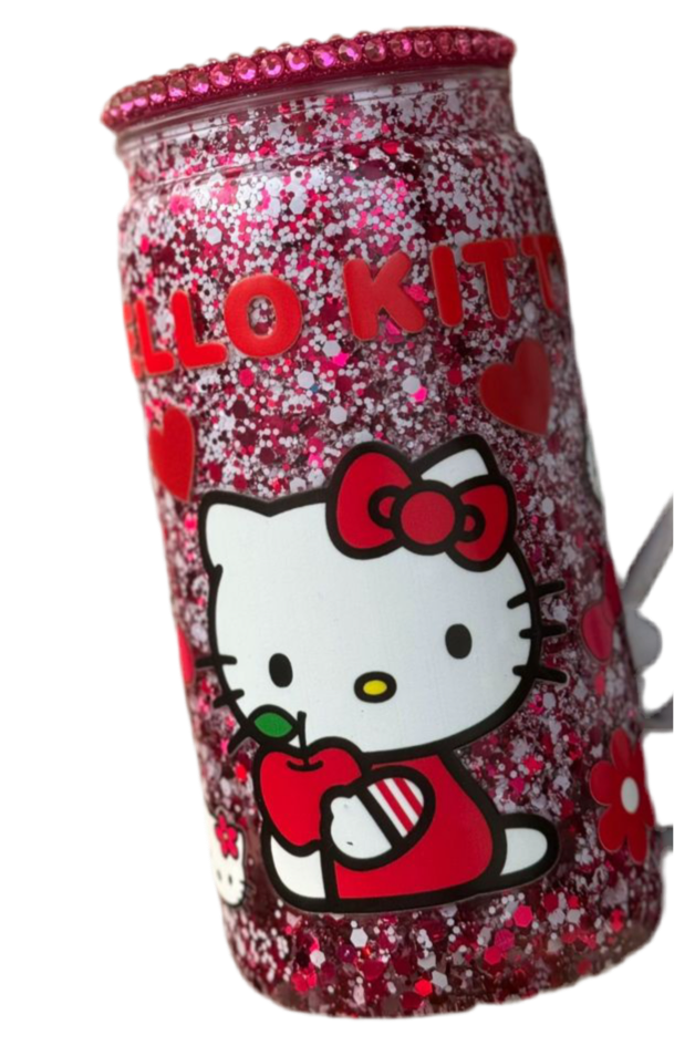❤️ Hello Kitty Red Glitter Snow Globe Tumbler Rhinestone Lid 473ml