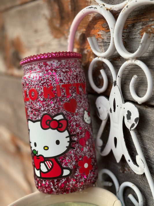 ❤️ Hello Kitty Red Glitter Snow Globe Tumbler Rhinestone Lid 473ml