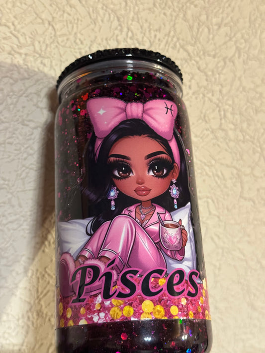 Pisces 16 oz / 473 ml Snow Globe Tumbler Gold & Purple Glitter with Black Rhinestone Lid